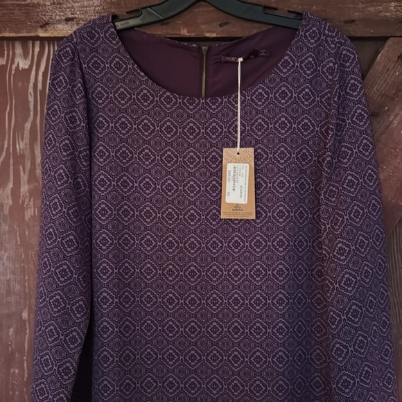 PrAna Black/Plum print crew neck long sleeve crewneck lined crepe midi shift NWT - Picture 3 of 8